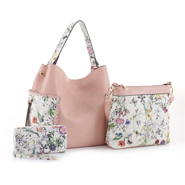 Lovely Two-Tone Pink Faux Leather & White Floral Print Patch Wristlet Satchel Handbag Set