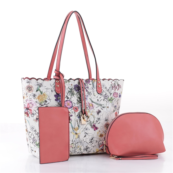 Spring Floral Print Coral Satchel Tote Shoulder Handbag Set