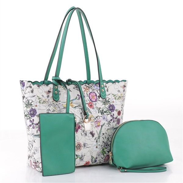 Spring Floral Print Sea Green Satchel Tote Shoulder Handbag Set