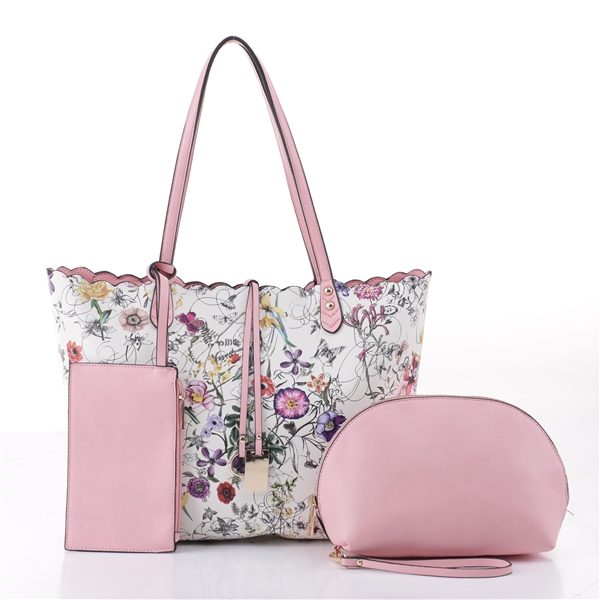 Spring Floral Print Light Pink Satchel Tote Shoulder Handbag Set