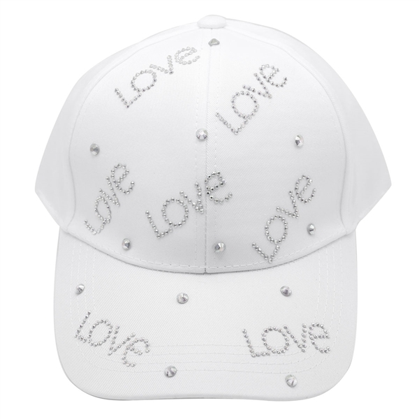 Soft Cotton Multi-Colored Love Rhinestone White Hat With Adjustable Strap