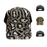 Black Mesh Multi-Colored Sequins Leopard Print Design Hat With Adjustable Snapback