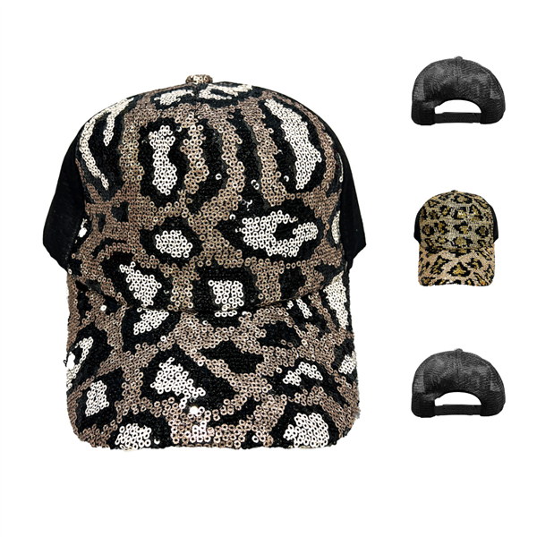 Black Mesh Multi-Colored Sequins Leopard Print Design Hat With Adjustable Snapback