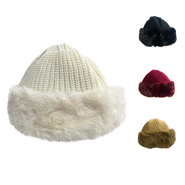 Simple Stylish Colored Fur & Knitted Top Fashion Beanie Cap