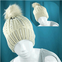 Sparkling Striped Silver Toned Sequins Fuzzy Top Warm Fashion Cotton Beige Beanie Hat