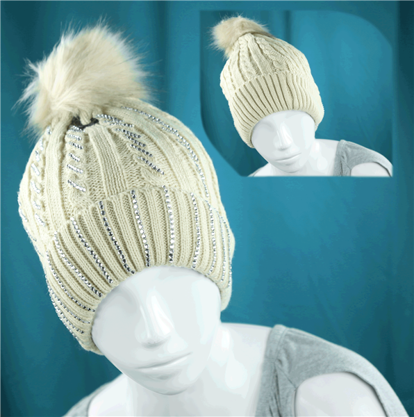 Sparkling Striped Silver Toned Sequins Fuzzy Top Warm Fashion Cotton Beige Beanie Hat