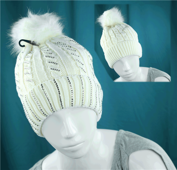 Sparkling Striped Silver Toned Sequins Fuzzy Top Warm Fashion Cotton Ivory White Beanie Hat
