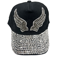 Sparkling Rhinestones Wing Design Black Cotton Hat With Adjustable Strap
