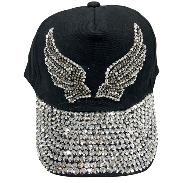 Sparkling Rhinestones Wing Design Black Cotton Hat With Adjustable Strap