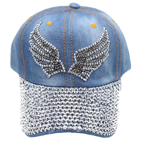 Blue Jean Denim Style Sparkling Rhinestones Wing Design Distressed Hat With Adjustable Strap