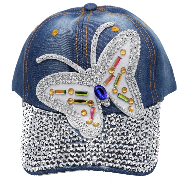 Blue Jean Denim Style Butterfly Rhinestone Hat With Adjustable Strap