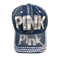Blue Jean Denim Style Sparkling Rhinestones Word Hat With Adjustable Strap