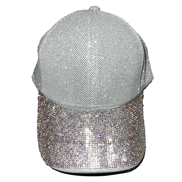 Sparkling Iridescent Rhinestones Glittery White Cotton Hat With Adjustable Strap