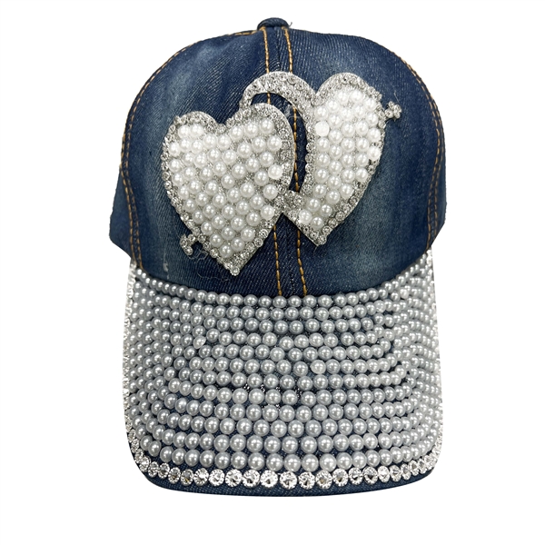 Blue Jean Denim Style Sparkling Rhinestones & Pearls Double Heart Hat With Adjustable Strap
