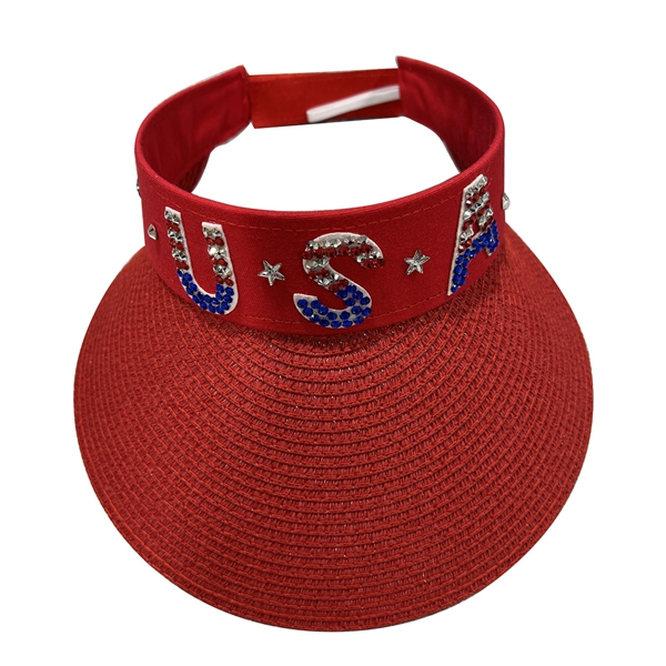 Fashion Red Sparkling Rhinestone USA Velcro Headband Visor