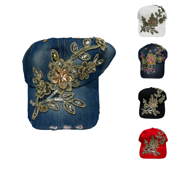 Fashion Sparkling Colored Rhinestone Bling Stemmed Flower Designed Adjustable Strap Hat