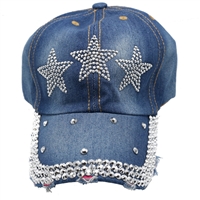 Blue Jean Denim Style Triple Star Rhinestone Hat With Adjustable Strap