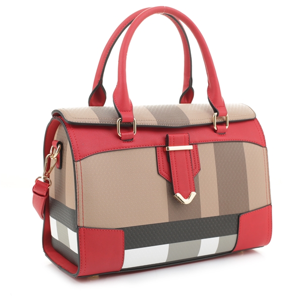 Red Faux Leather Plaid Satchel