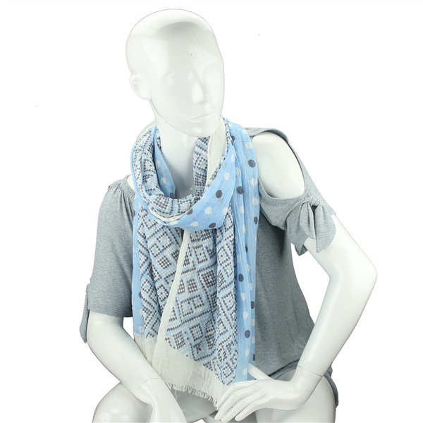 Fashionable Lightweight Stylish Double Patterned Aqua Blue & White Fringed Scarf