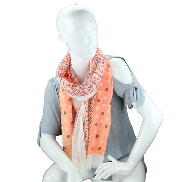 Fashionable Lightweight Stylish Double Patterned Coral Pink & White Fringed Scarf