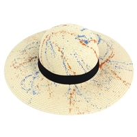 Blue and Orange Splattered Beige Floppy Hat with Black Band