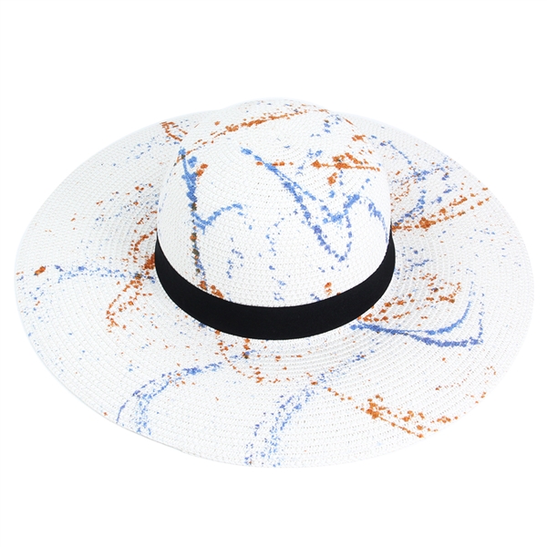 Blue and Orange Splattered White Floppy Hat with Black Band