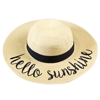 Beige "Hello Sunshine" Floppy Beach Hat with Black Band