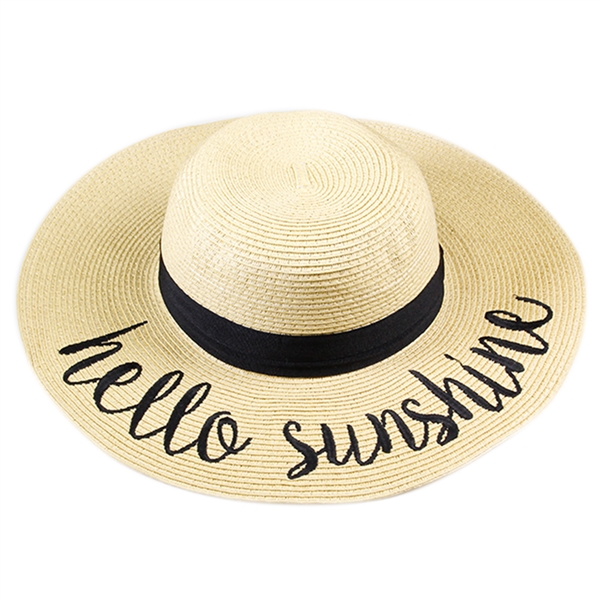 Beige "Hello Sunshine" Floppy Beach Hat with Black Band
