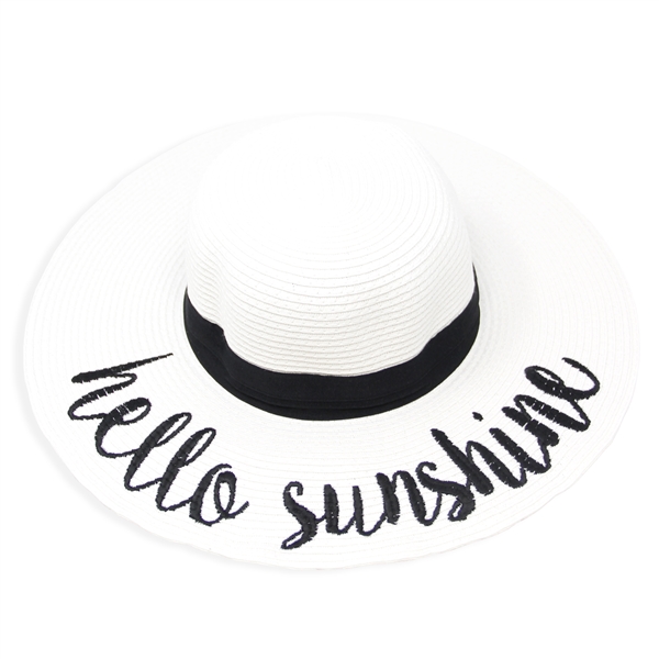 White "Hello Sunshine" Floppy Beach Hat with Black Band