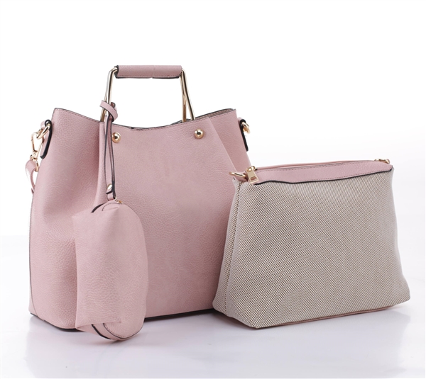 Fashion Forward Blush Faux Leather & Nylon Satchel Shoulder Tote Handbag Set