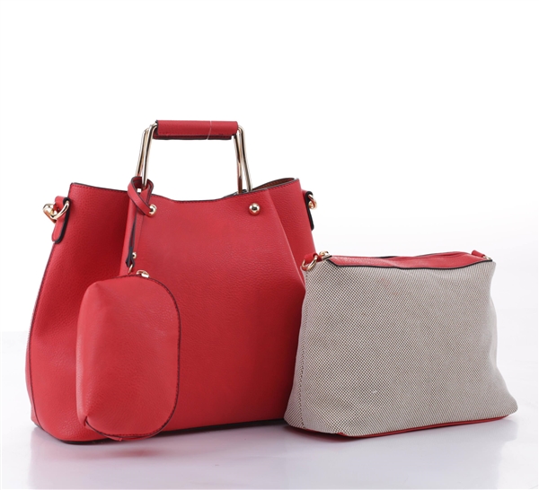 Fashion Forward Red Faux Leather & Nylon Satchel Shoulder Tote Handbag Set