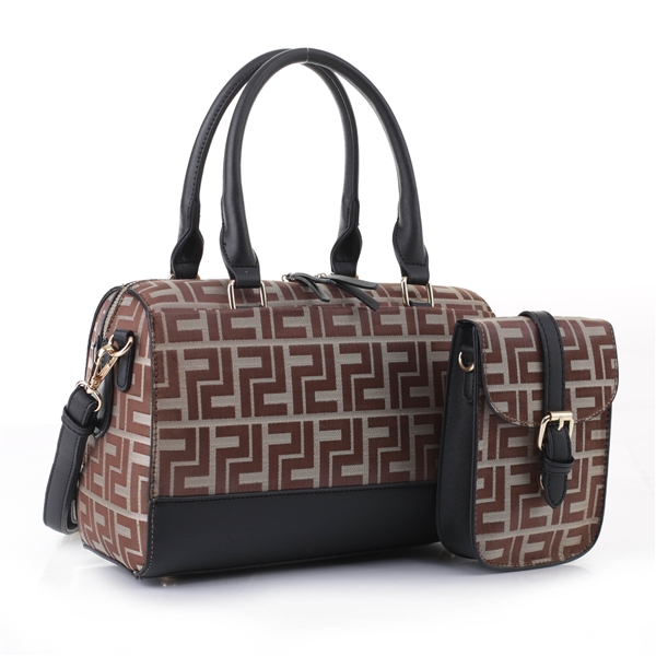 Stylish Black Faux Leather Two-Tone Light Brown Polyester Repetitive Pattern Design Vacationer Duffle Satchel Handbag Set