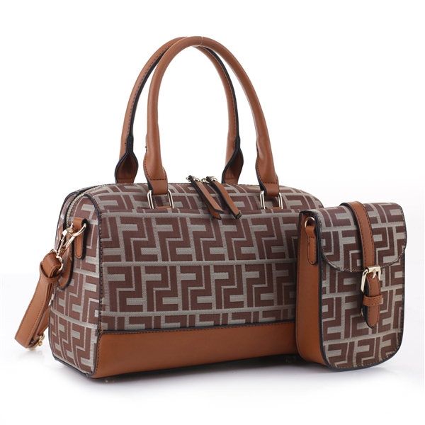 Stylish Brown Faux Leather Two-Tone Light Brown Polyester Repetitive Pattern Design Vacationer Duffle Satchel Handbag Set