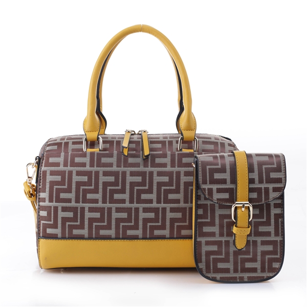 Stylish Yellow Faux Leather Two-Tone Light Brown Polyester Repetitive Pattern Design Vacationer Duffle Satchel Handbag Set