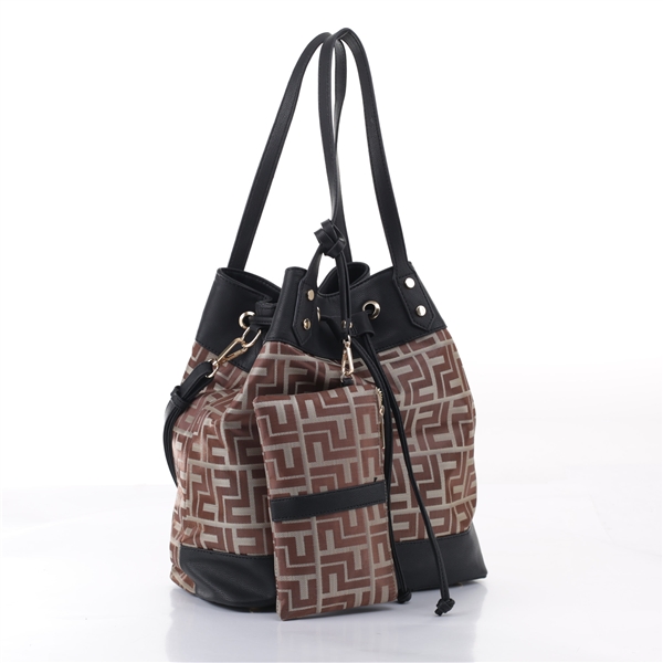 Trendsetter Posh Black Faux Leather & Brown Decorative Design Shoulder Tote Handbag Set