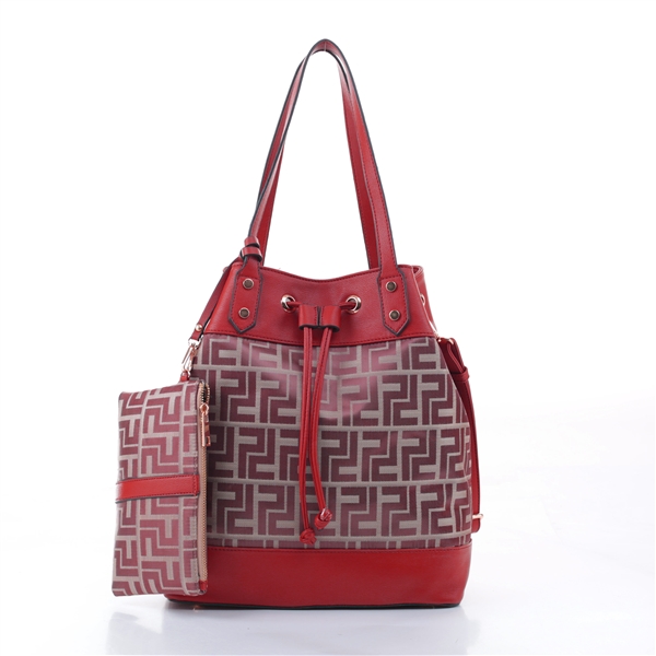 Trendsetter Posh Red Faux Leather & Brown Decorative Design Shoulder Tote Handbag Set