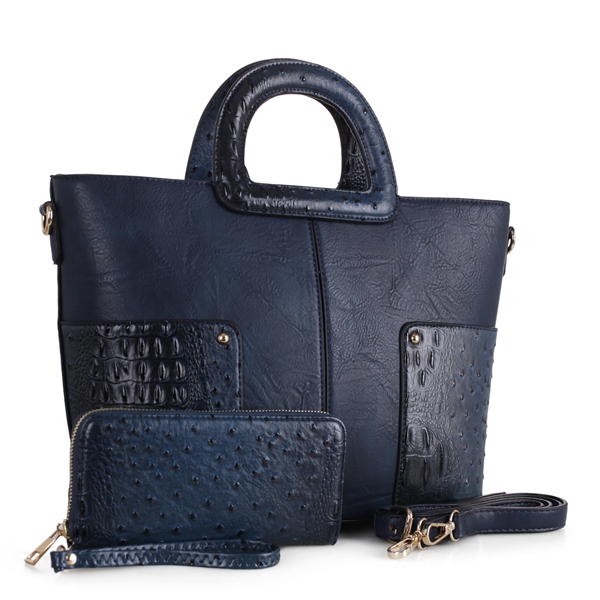 Textured Two-Tone Dark Blue Exceptional Shoulder Tote Handbag Set