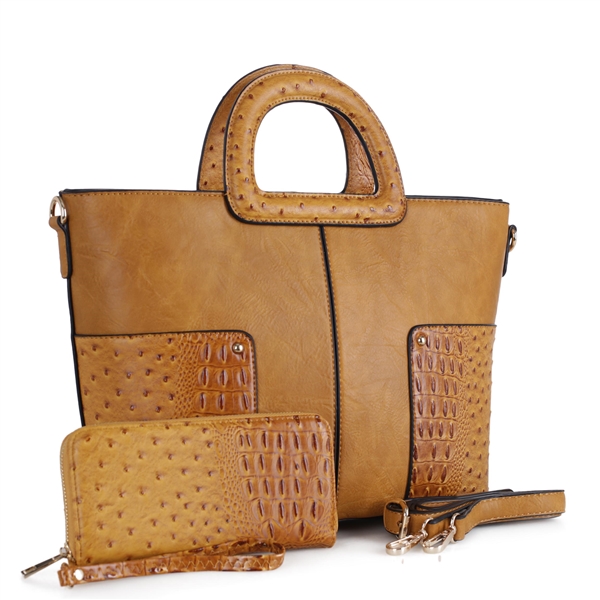 Textured Two-Tone Mustard Exceptional Shoulder Tote Handbag Set