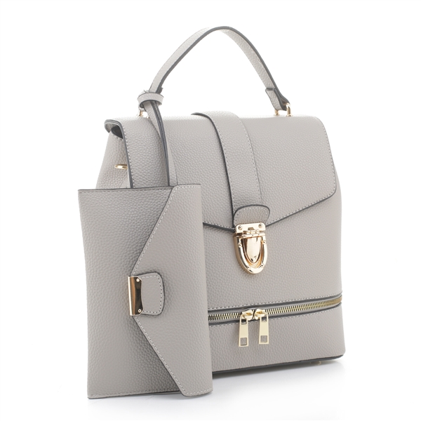 Classy Impeccable Light Gray Faux Leather Backpack Satchel Set