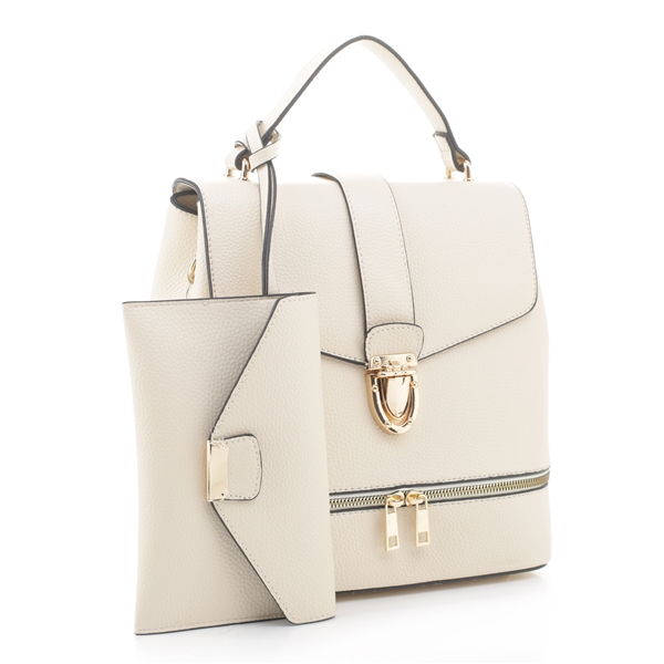 Classy Impeccable Off-White Faux Leather Backpack Satchel Set