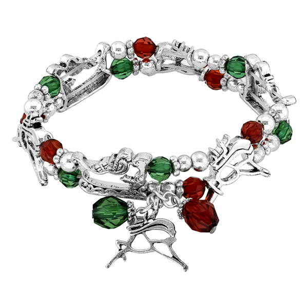 Fashion Holiday Season Silver Beads Christmas Inspired Charm Stretch Bracelet