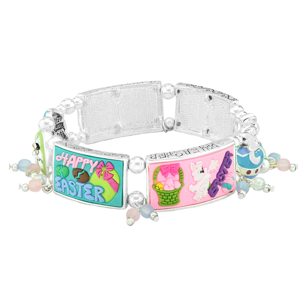 Playful & Colorful Happy Easter Rubber Charms Colorful Beads Silver Stretch Bracelet