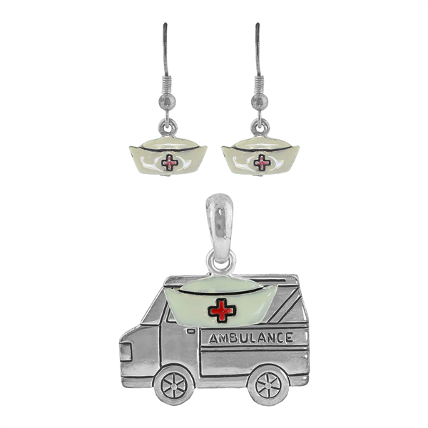 Trendy White, Red & Silver Nurses Hat Ambulance Pendant Set