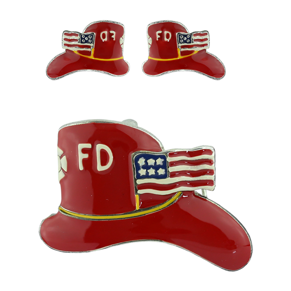 Trendy Red, White, Blue, Yellow & Silver Firefighter Hat American Flag Pendant Set