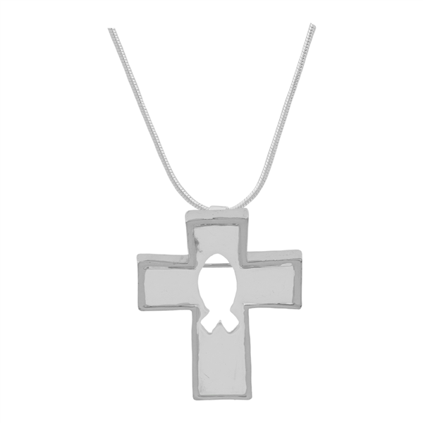 Stylish Spiritual Silver Ichthys Silhouette Cross Pendant Pin Brooch Necklace