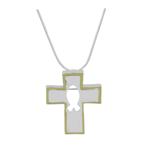 Stylish Spiritual Two-Tone Ichthys Silhouette Cross Pendant Pin Brooch Necklace