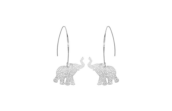 Fashion Open Hoop Post Dangle Filigree Elephant Silver Tone Earrings