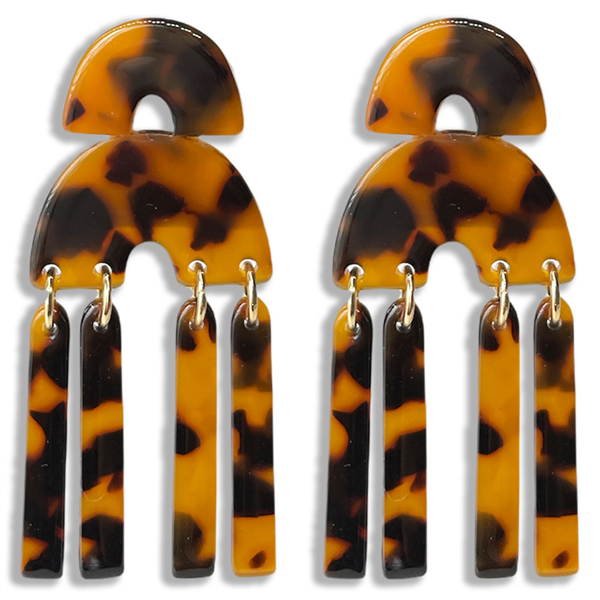Stylish Brown Leopard Double Arch Drop Gold Accented Acrylic Stud Dangle Earrings