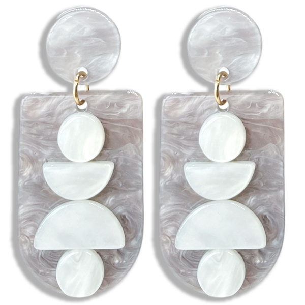 Unique & Stylish Marbled White Circles & Light Grey Gold Accented Acrylic Stud Dangle Earrings