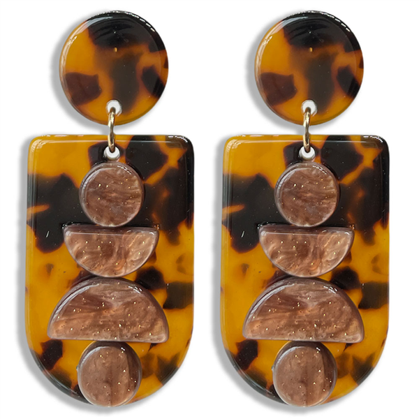 Unique & Stylish Iridescent Brown Circles & Brown Leopard Gold Accented Acrylic Stud Dangle Earrings